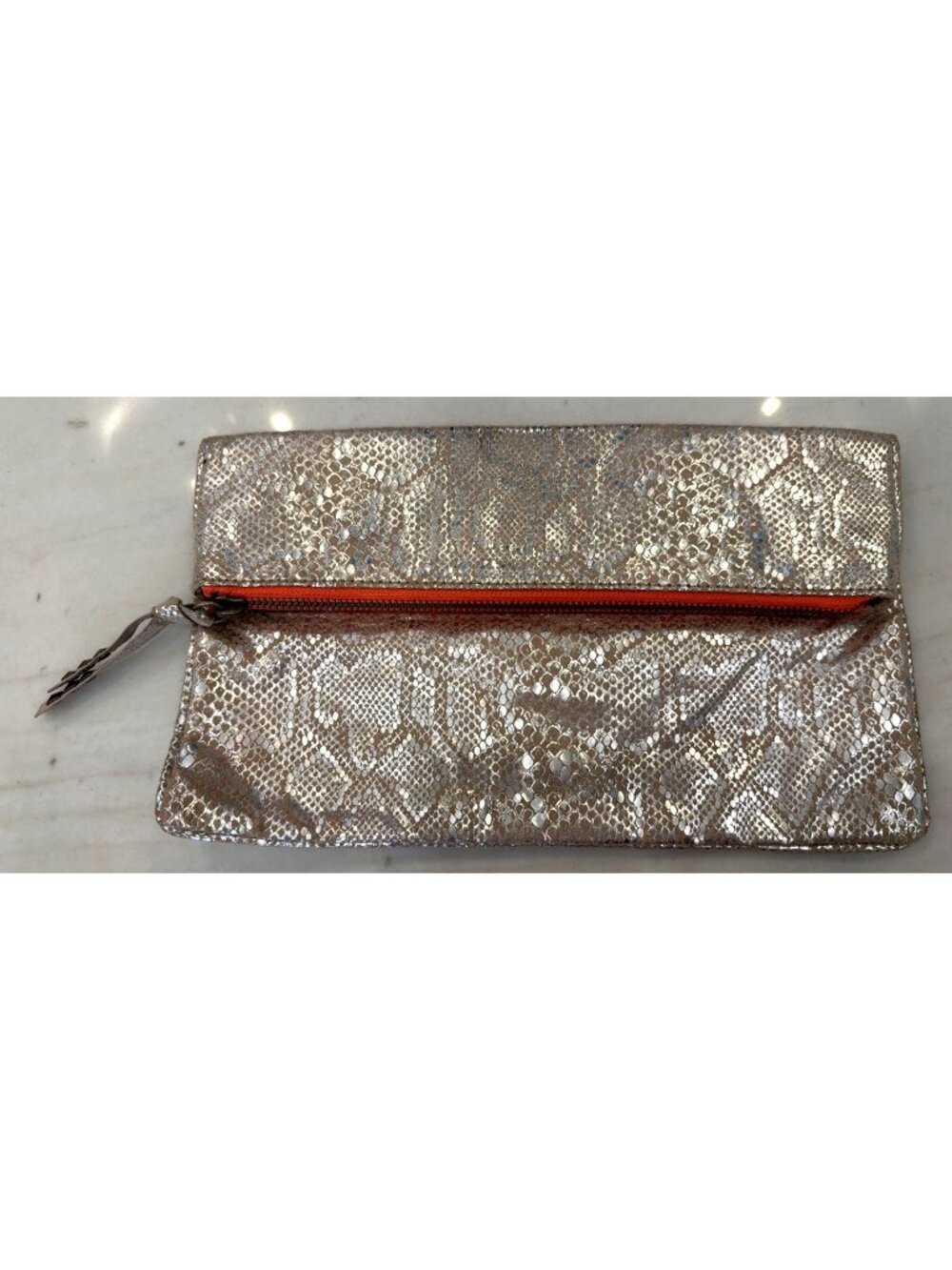 American Eagle Outfitters Metallic Gold Snake Print Clutch With Snap & Zipper Cl